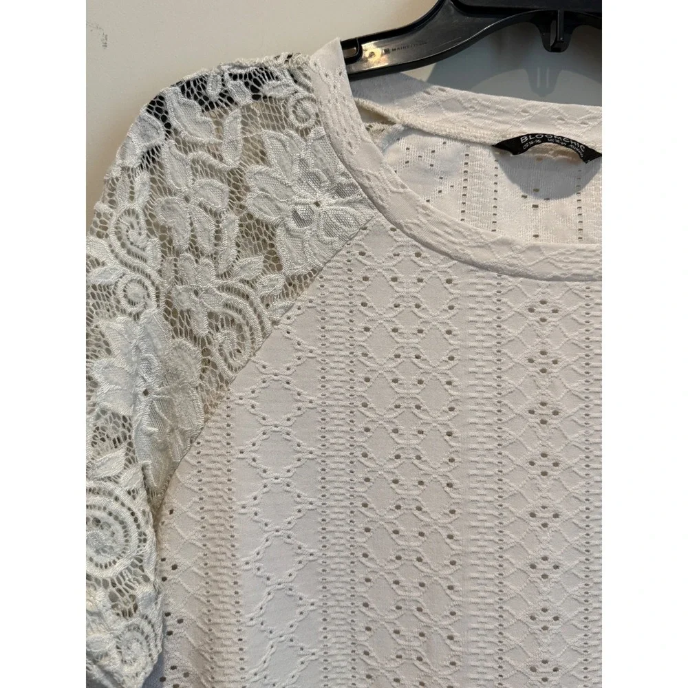BloomChic Womens XL Cream Pointelle Knit Top Floral Lace Raglan Sleeve Boho - Picture 2 of 5
